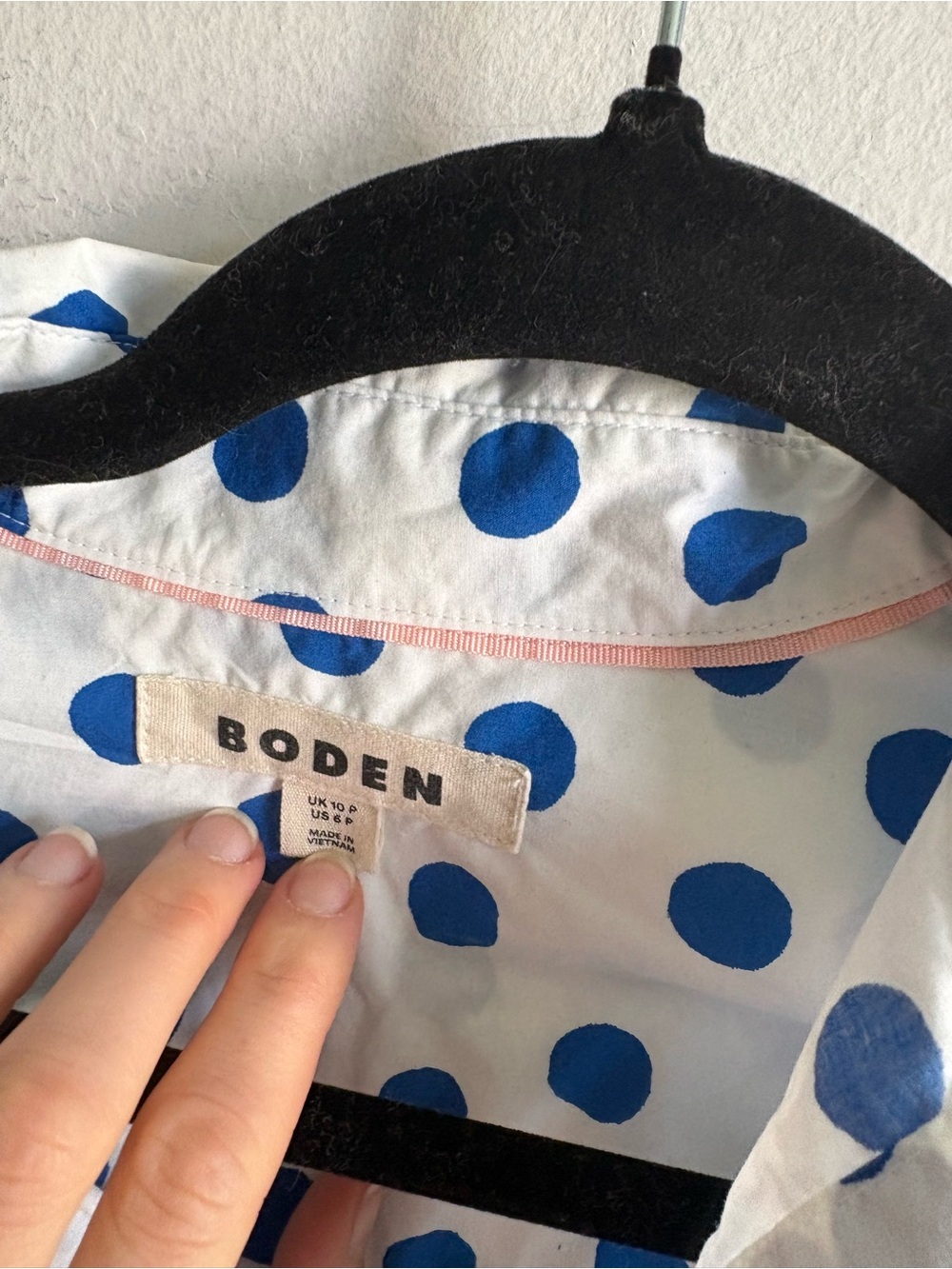 Boden Sz 6 Petite Sienna Cotton White Blue Polk Dots Button Front Shirt - Picture 6 of 9